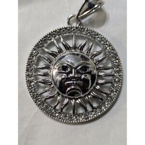 Bold Silver Plated, Iced Out Sun Face Pendant With CZ Stones In The Medallion